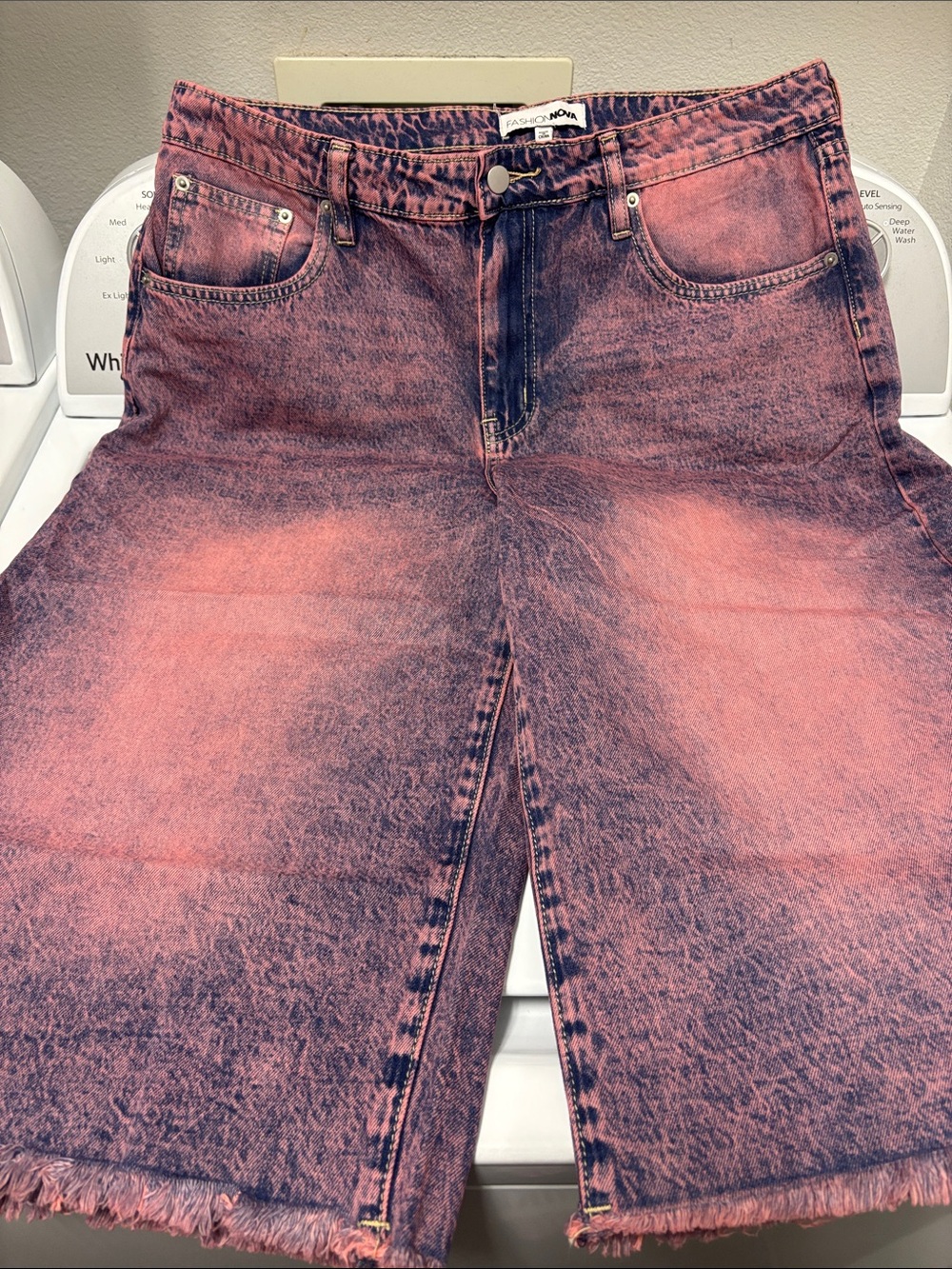 Fashion Nova Pink and Black Acid-Wash Denim Jorts